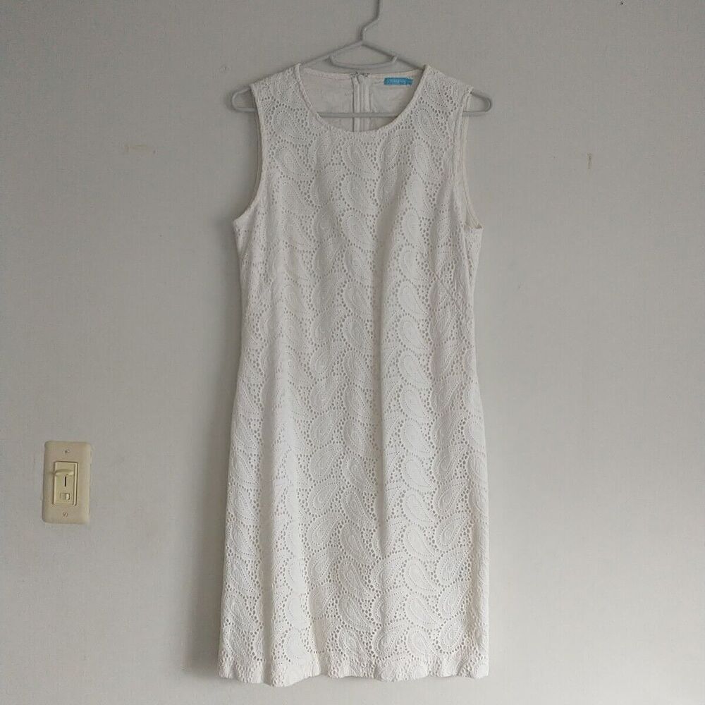 J. MCLAUGHLIN Shift Dress 4 White Paisley Crochet Overlay Cotton Tank Sleeveless